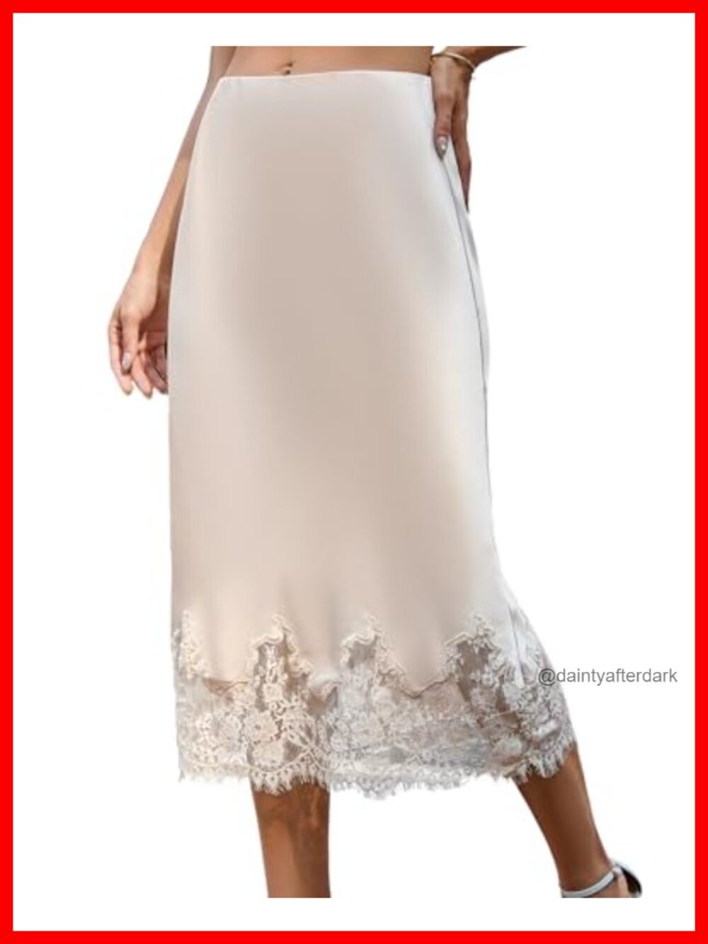 Womens Satin Midi Skirt High Waisted A-Line Lace Trim
